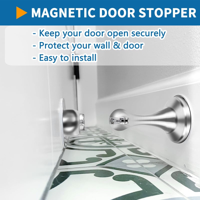 Gudui Magnetic Door Stop, Adhesive Door Stopper Magnetic Door Holder Catch, Brushed Stainless Steel, Magnet Doorstop No Drilling Floor Wall Mount, Silver - Image 3